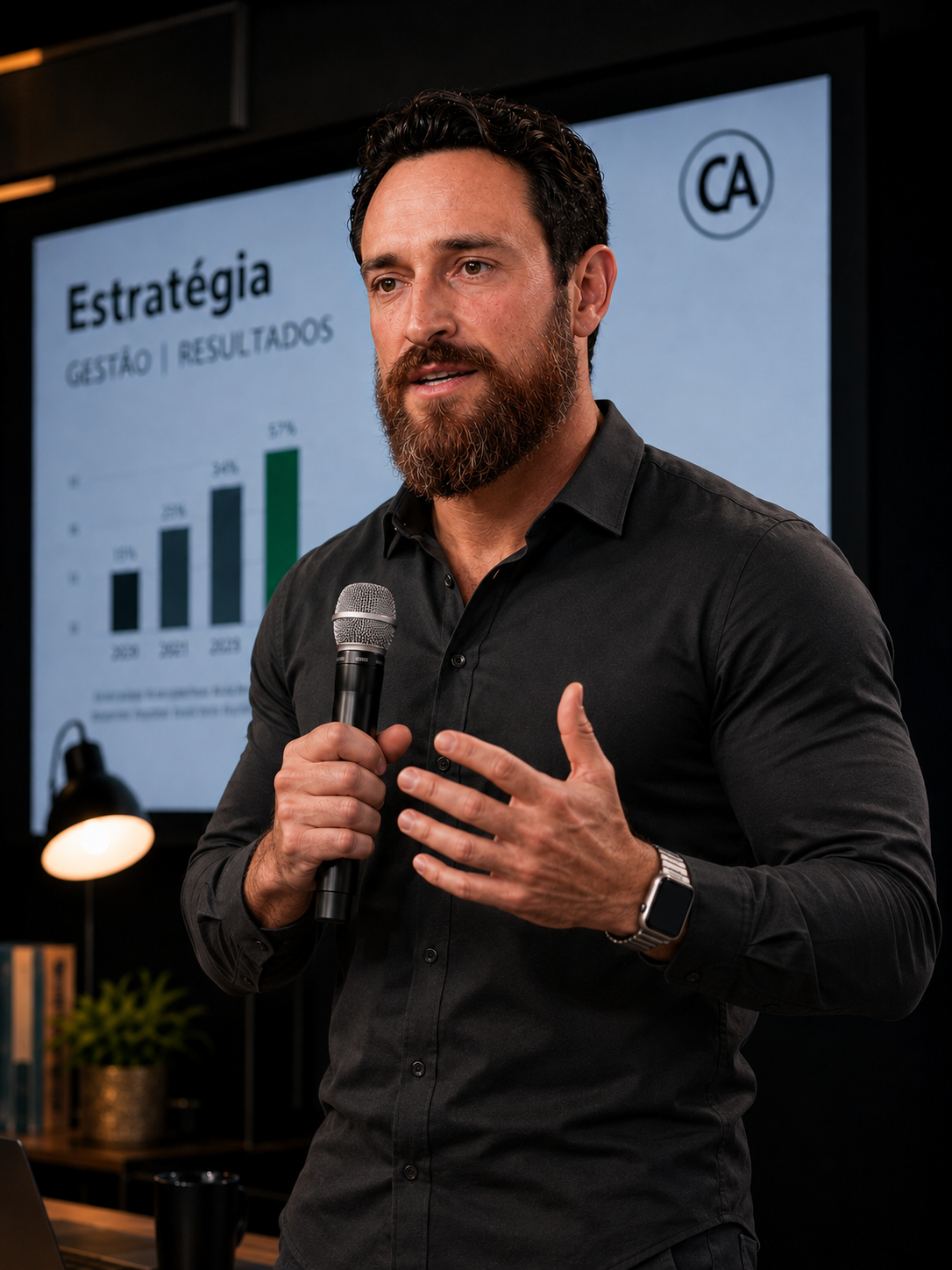 Carlos Aredes falando ao microfone durante apresentação sobre estratégia e resultados